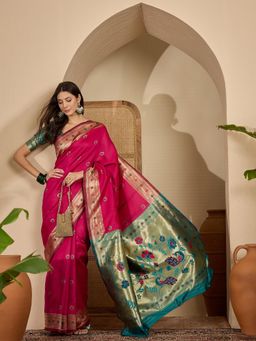 KIMISHA - Women Magenta Woven Silk Blend Saree with Unstitched Blouse