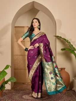 KIMISHA - Women Purple Woven Silk Blend Saree with Unstitched Blouse