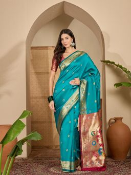KIMISHA - Women Turquoise Woven Silk Blend Saree with Unstitched Blouse
