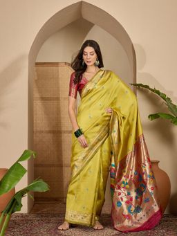 KIMISHA - Women Yellow Woven Silk Blend Saree with Unstitched Blouse