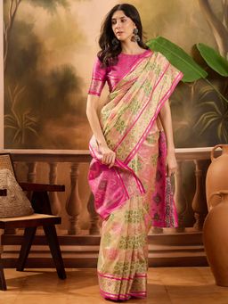 KIMISHA - Women Beige Woven Organza Saree with Unstitched Blouse