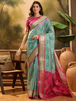 KIMISHA - Women Blue Woven Organza Saree with Unstitched Blouse