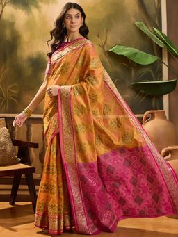 KIMISHA - Women Mustard Woven Organza Saree with Unstitched Blouse