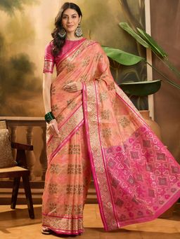 KIMISHA - Women Peach Woven Organza Saree with Unstitched Blouse