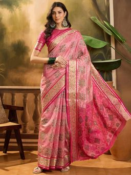 KIMISHA - Women Pink Woven Organza Saree with Unstitched Blouse