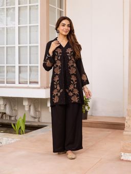 Autumnlane - Women Black Embroidered Cotton Kurta with Palazzo