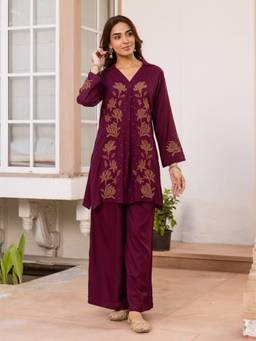 Autumnlane - Women Purple Embroidered Cotton Kurta with Palazzo