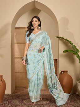 KIMISHA - Women Blue Floral Chiffon Saree with Unstitched Blouse