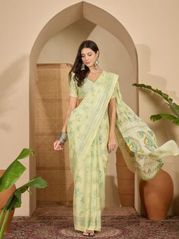 KIMISHA - Women Green Floral Chiffon Saree with Unstitched Blouse
