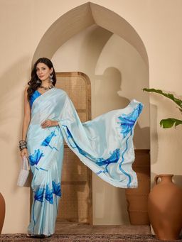 KIMISHA - Women Blue Floral Crepe Saree with Unstitched Blouse