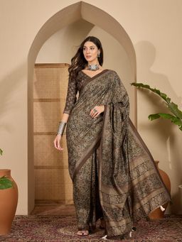KIMISHA - Women Brown Floral Cotton Silk Saree with Unstitched Blouse
