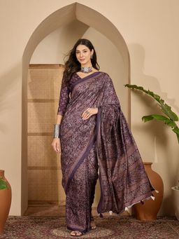 KIMISHA - Women Purple Floral Cotton Silk Saree with Unstitched Blouse