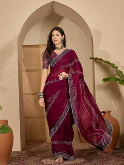 KIMISHA - Women Purple Embellished Chiffon Saree with Unstitched Blouse