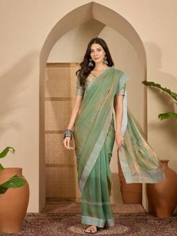 KIMISHA - Women Green Embellished Chiffon Saree with Unstitched Blouse