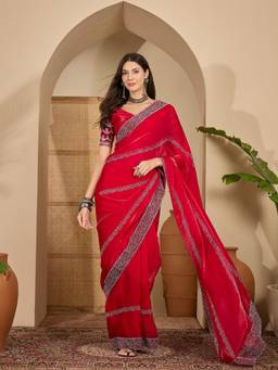 KIMISHA - Women Magenta Embellished Chiffon Saree with Unstitched Blouse
