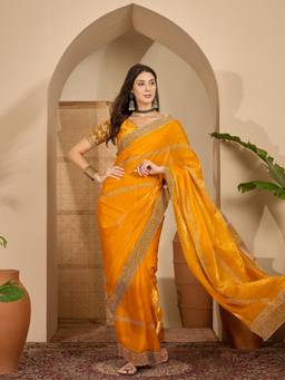 KIMISHA - Women Orange Embellished Chiffon Saree with Unstitched Blouse