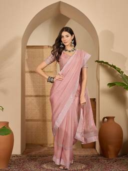 KIMISHA - Women Pink Embellished Chiffon Saree with Unstitched Blouse