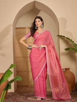 KIMISHA - Women Pink Embellished Chiffon Saree with Unstitched Blouse