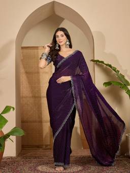 KIMISHA - Women Purple Embellished Chiffon Saree with Unstitched Blouse