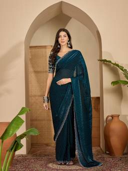 KIMISHA - Women Teal Embellished Chiffon Saree with Unstitched Blouse