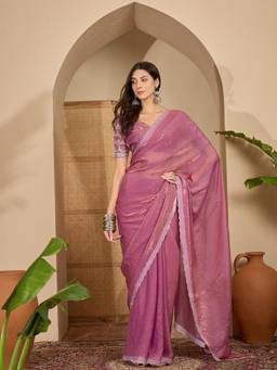 KIMISHA - Women Lavender Embellished Chiffon Saree with Unstitched Blouse