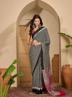 KIMISHA - Women Black Printed Satin Saree with Unstitched Blouse
