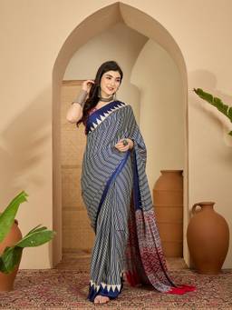 KIMISHA - Women Navy Blue Printed Satin Saree with Unstitched Blouse