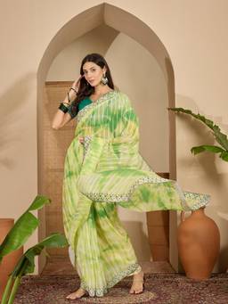 KIMISHA - Women Green Printed Chiffon Saree with Unstitched Blouse