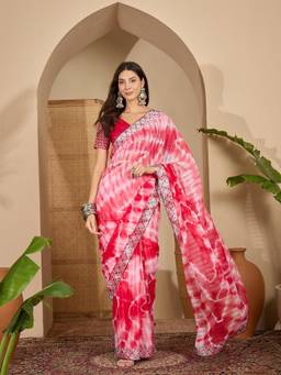 KIMISHA - Women Pink Printed Chiffon Saree with Unstitched Blouse