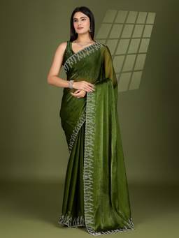 KIMISHA - Women Green Solid/Plain Silk Blend Saree with Unstitched Blouse