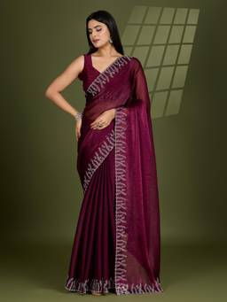 KIMISHA - Women Wine Solid/Plain Silk Blend Saree with Unstitched Blouse