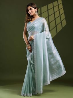 KIMISHA - Women Blue Solid/Plain Silk Blend Saree with Unstitched Blouse