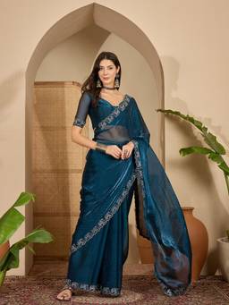 KIMISHA - Women Teal Solid/Plain Silk Blend Saree with Unstitched Blouse