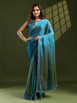 KIMISHA - Women Blue Embellished Silk Blend Saree with Unstitched Blouse