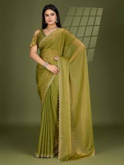KIMISHA - Women Olive Solid/Plain Silk Blend Saree with Unstitched Blouse