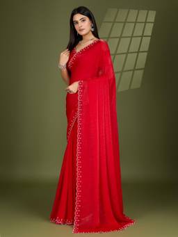 KIMISHA - Women Red Solid/Plain Silk Blend Saree with Unstitched Blouse