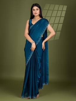 KIMISHA - Women Teal Solid/Plain Silk Blend Saree with Unstitched Blouse