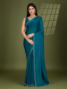 KIMISHA - Women Blue Solid/Plain Silk Blend Saree with Unstitched Blouse