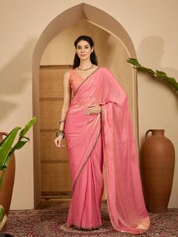 KIMISHA - Women Pink Solid/Plain Satin Saree with Unstitched Blouse