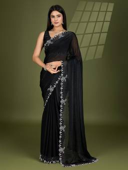 KIMISHA - Women Black Solid/Plain Silk Blend Saree with Unstitched Blouse