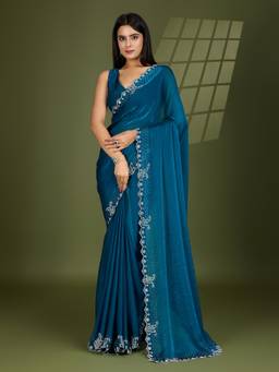 KIMISHA - Women Teal Solid/Plain Silk Blend Saree with Unstitched Blouse