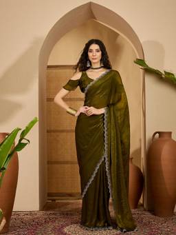 KIMISHA - Women Olive Solid/Plain Satin Saree with Unstitched Blouse