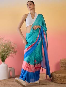 KIMISHA - Women Blue Printed Satin Saree with Unstitched Blouse