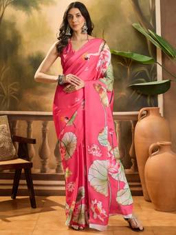 KIMISHA - Women Pink Printed Satin Saree with Unstitched Blouse