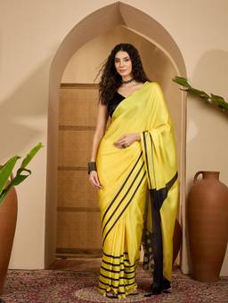 KIMISHA - Women Yellow Printed Satin Saree with Unstitched Blouse