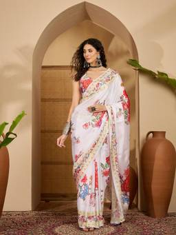 KIMISHA - Women White Printed Satin Saree with Unstitched Blouse