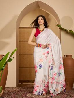KIMISHA - Women White Printed Satin Saree with Unstitched Blouse