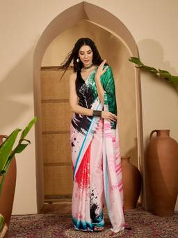 KIMISHA - Women Multi-Color Printed Satin Saree with Unstitched Blouse