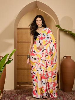 KIMISHA - Women White Printed Satin Saree with Unstitched Blouse