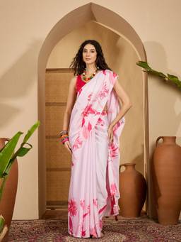 KIMISHA - Women Pink Floral Satin Saree with Unstitched Blouse